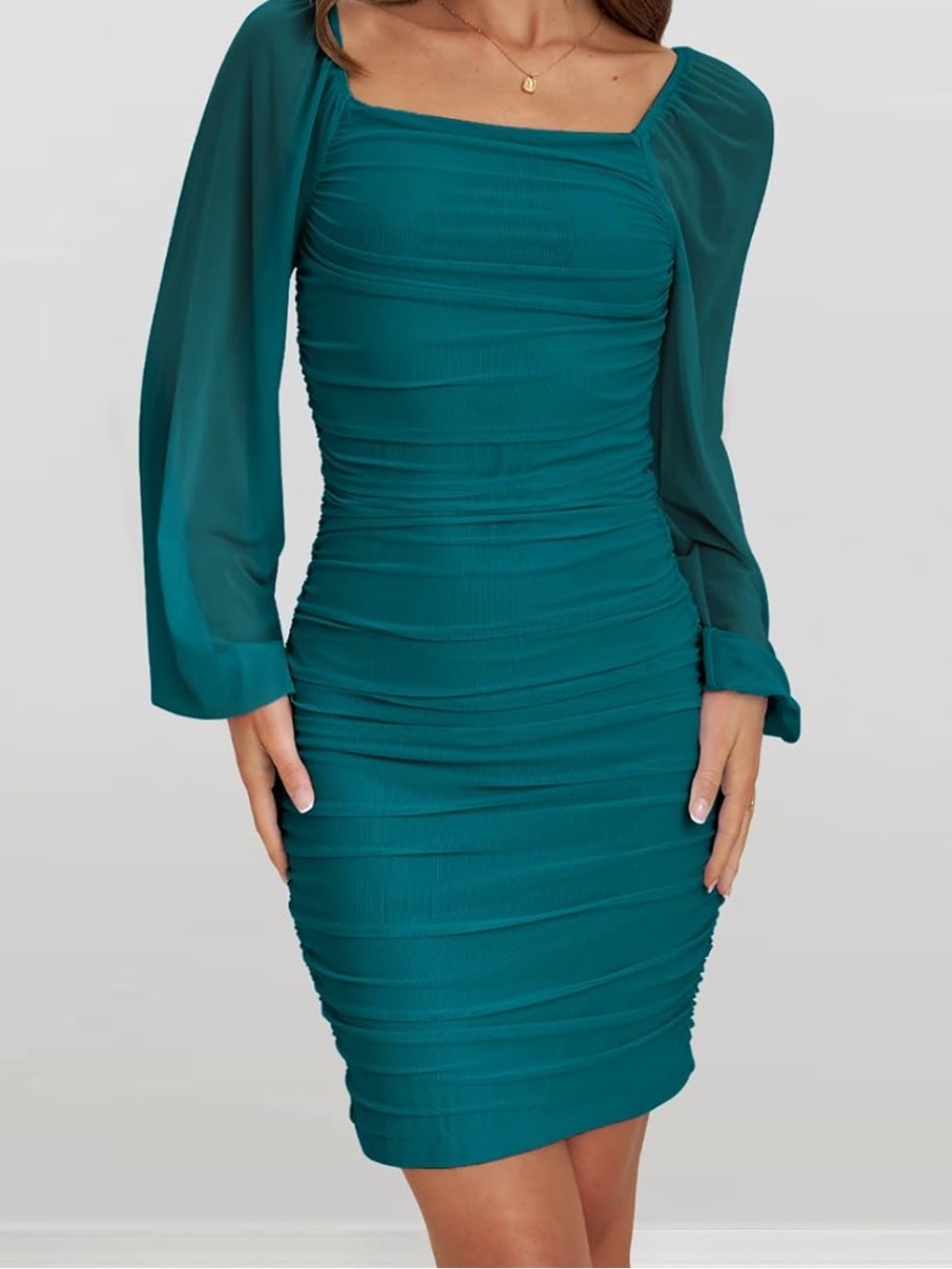 Women Square Neck Lantern Long Sleeve Mesh Ruched Bodycon Clubwear Mini Dress